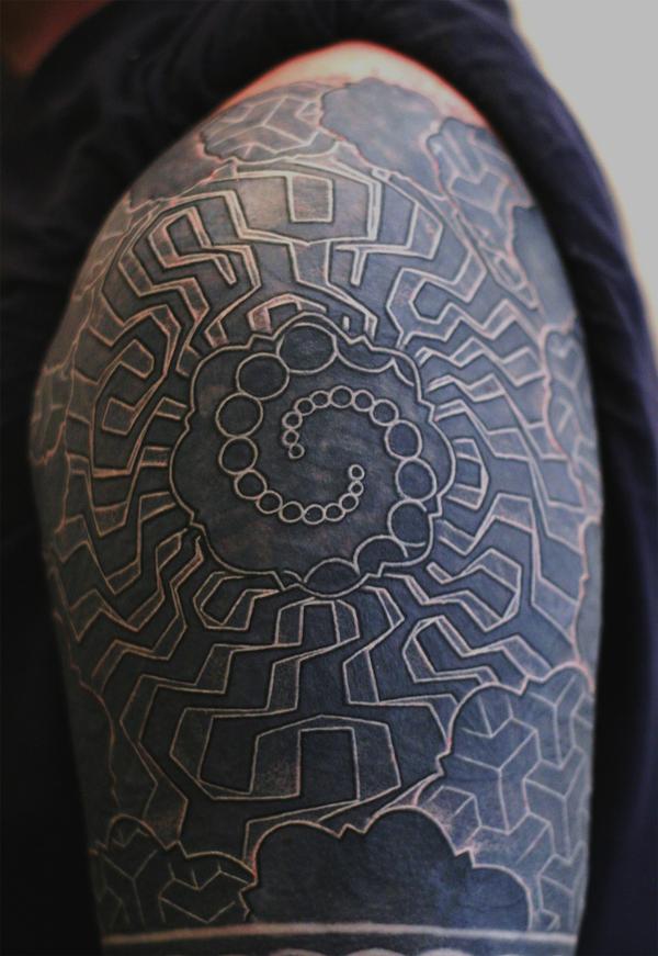 Awesome Blackwork Spiral Tattoo On Left Shoulder