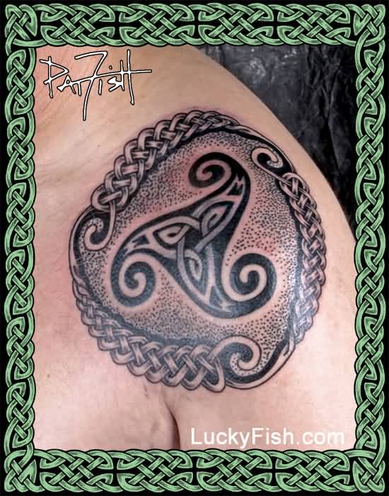 Awesome Celtic Spiral Dotwork Tattoo On Upper Shoulder