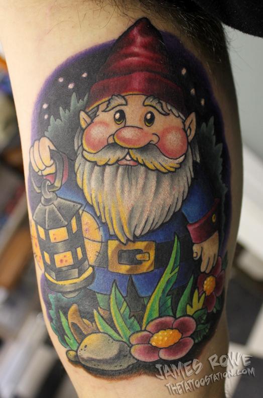 Awesome Colored Spectacular Gnome In Night Tattoo By James Rowe