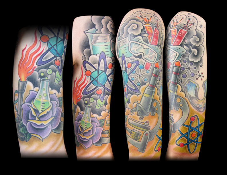 Awesome Colorful Science Tattoo On Half Sleeve