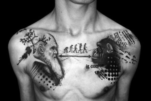 Awesome Darwin Human Science Tattoo On Chest For Men