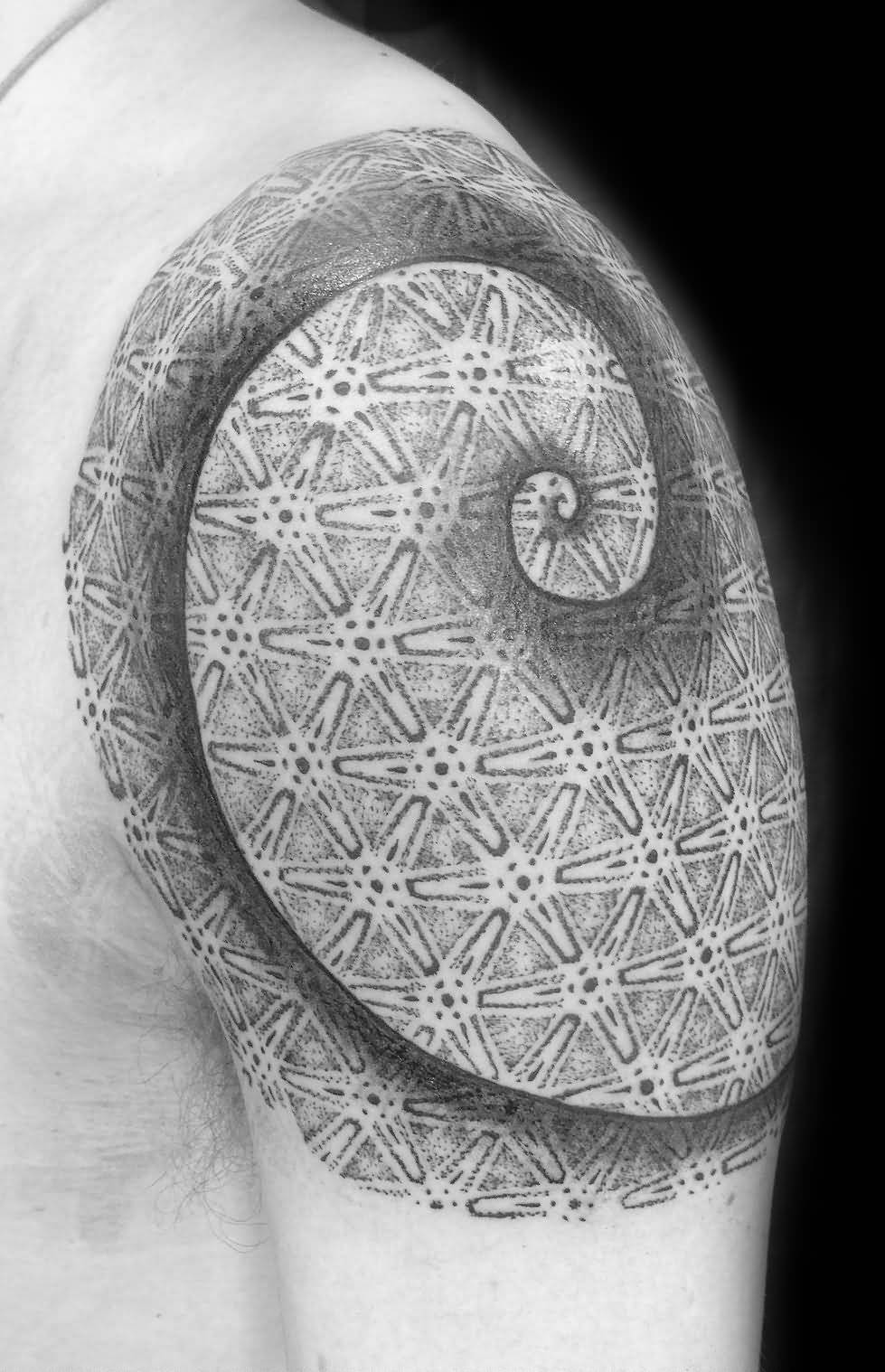 Awesome Dotwork Fibonacci Spiral Tattoo On Left Shoulder