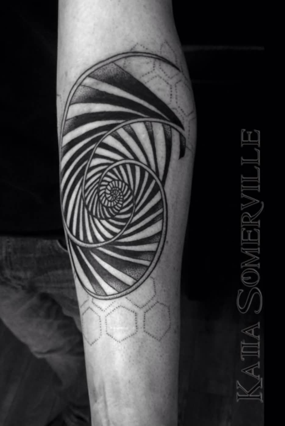 Awesome Geometry Fibonacci Spiral Tattoo On Forearm