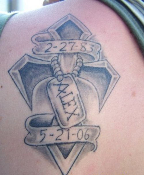 Awesome Grey Memorial Tattoo On Back