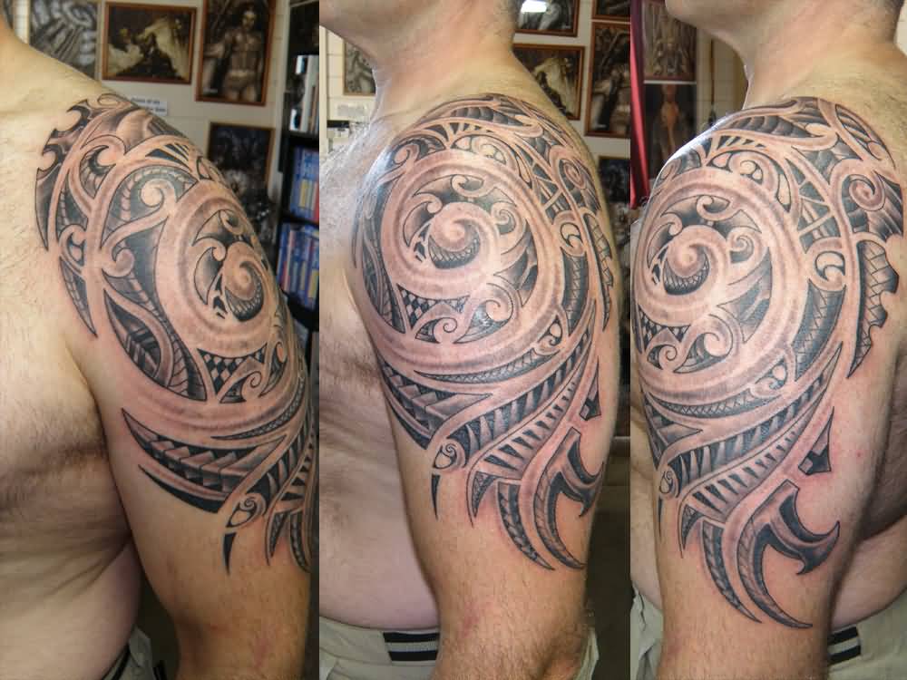Awesome Maori Spiral Tattoo On Left Shoulder By Phoenixtattoos