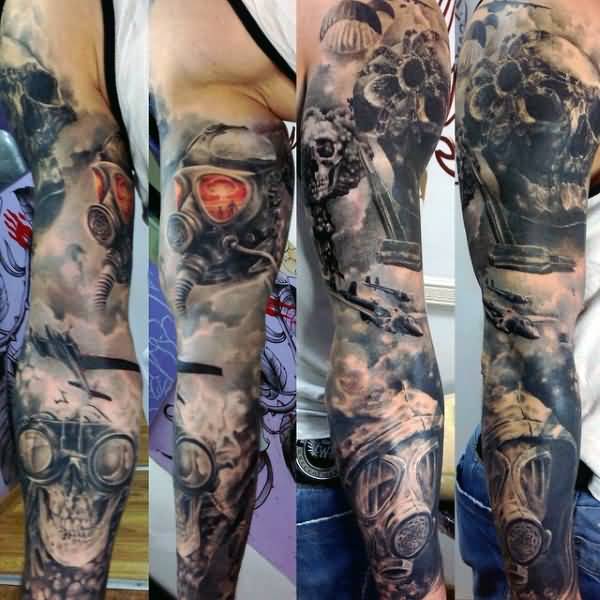 Awesome Military Remembrance Tattoo On Full Sleeve
