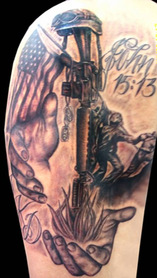 Awesome Military Remembrance Tattoo On Half Sleeve