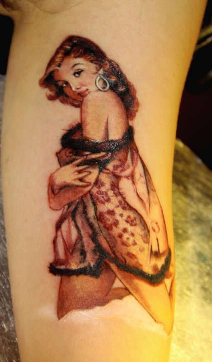 Awesome Pin Up Girl Colored Tattoo