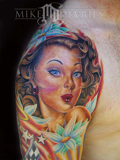 Awesome Pin Up Girl Tattoo On Right Half Sleeve