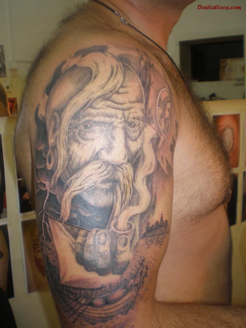 Awesome Remembrance Face Tattoo On Right Half Sleeve For Men