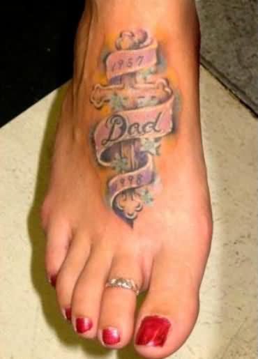 Awesome Right Foot Remembrance Cross Tattoo For Dad