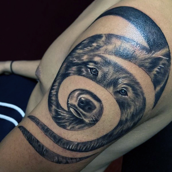Awesome Spiral Tribal Wolf Tattoo On Left Shoulder