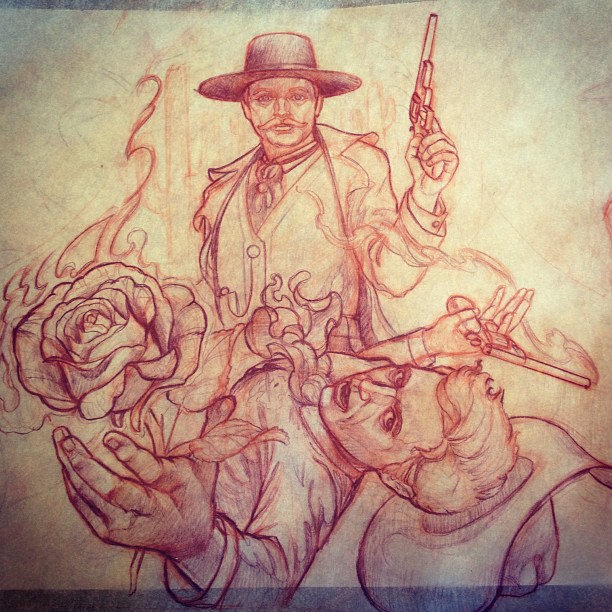 Awesome Western Fighting Boy Tattoo Drawing