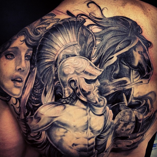 Awesome Western Warrior Tattoo On Full Back