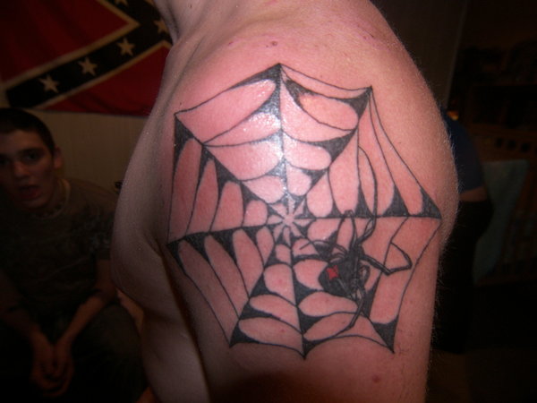Awful Black Widow With Spider Web Tattoo On Left Shoulder By Tattunes13