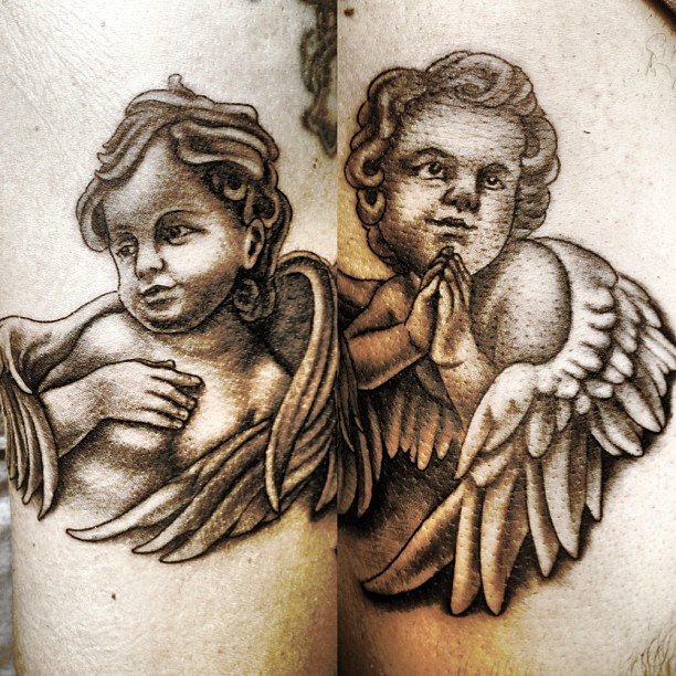 Baby Angels Praying Grey Ink Tattoo