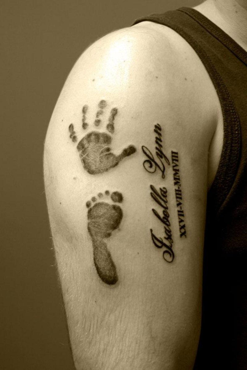 Baby Foot And Hands Print Remembrance Tattoo On Right Shoulder