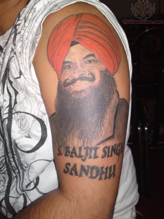 Baljit Singh Sandhu Portrait Punjabi Tattoo On Left Half Sleeve