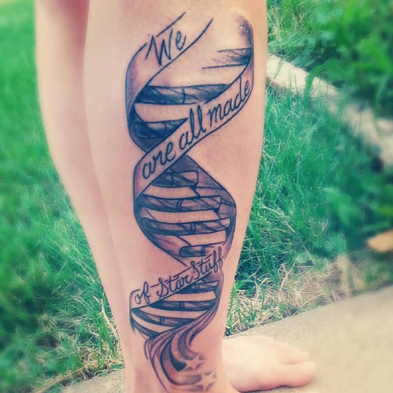 Banner DNA Science Tattoo On Leg