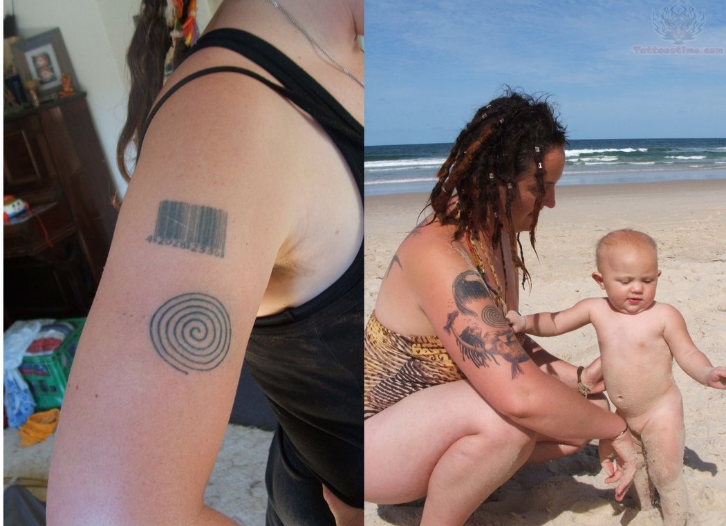 Barcode And Spiral Tattoo On Right Upper Arm For Girls