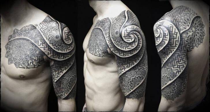 Beautiful Spiral Dotwork Tattoo On Left Half Sleeve