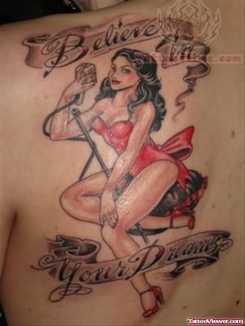 Believe In Your Dream Pin Up Girl Tattoo On Left Back Shoulder