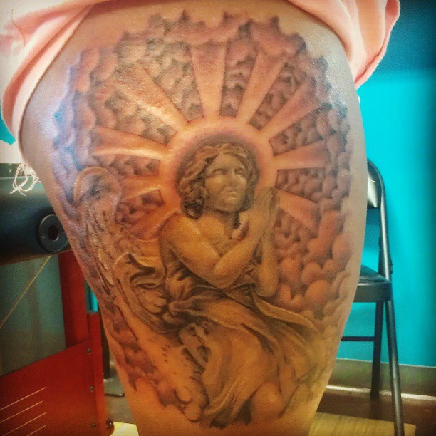 Best Grey Ink Praying Angel Tattoo On Right Thigh