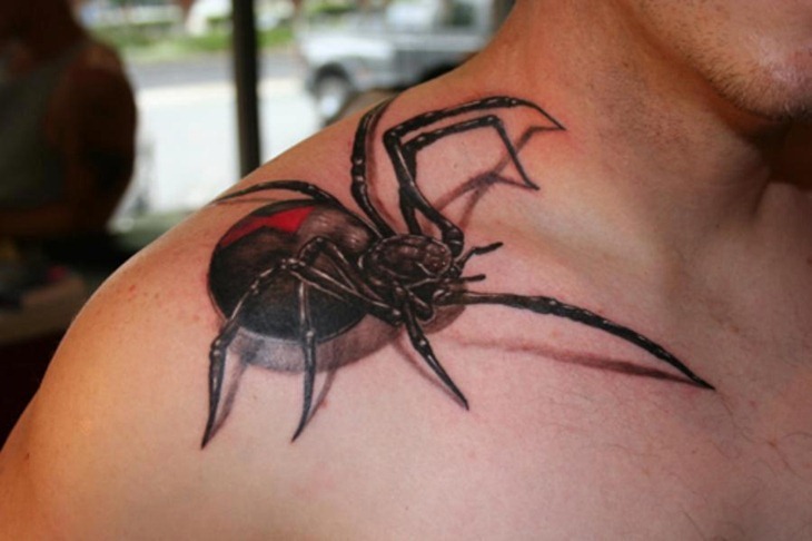 Big 3D Spider Web Tattoo On Upper Shoulder