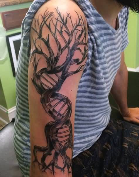 Big Grey DNA Science Tree Tattoo On Right Half Sleeve For Men