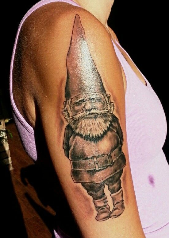 Big Grey Spectacular Gnome Tattoo On Right Half Sleeve