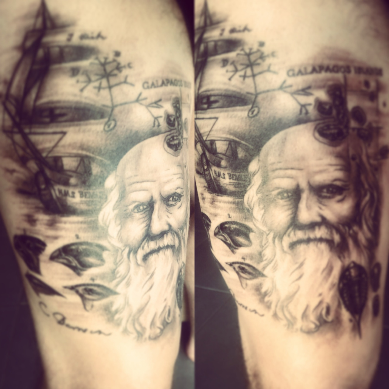 Biology Scientist Charles Darwin Portrait Tattoo On Half Sleeve