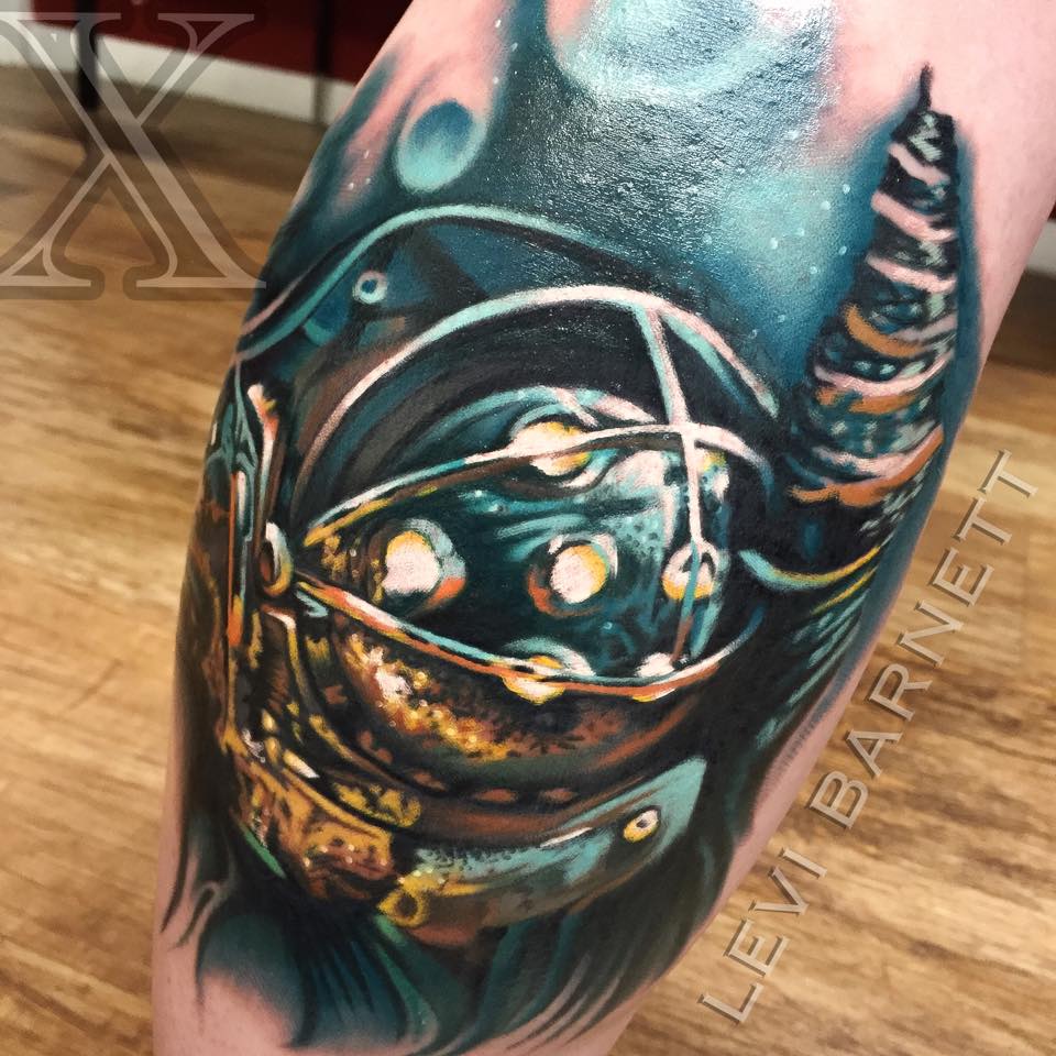 Bio-mechanical tattoo on arm by Levi Barnett
