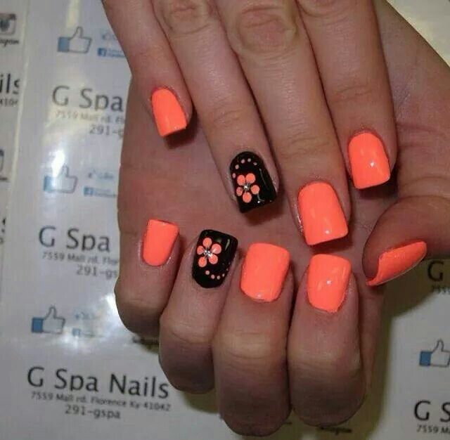 Black Accent And Orange Flower Nail Art