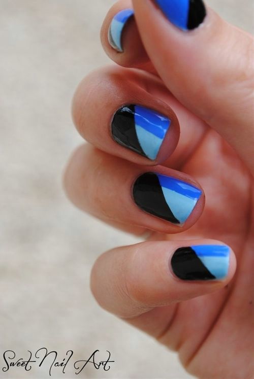 Black And Blue Diagonal Short Nail Art Design Idea