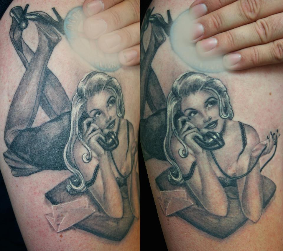 Black And Grey Vintage Pin Up Tattoo