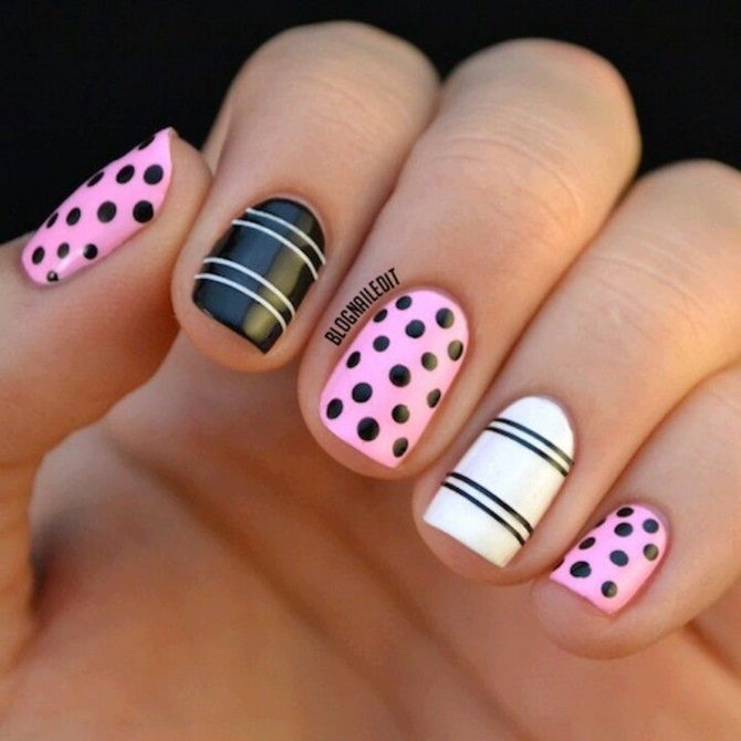 Black And Pink With Accent White Acrylic Short Nail Art Design