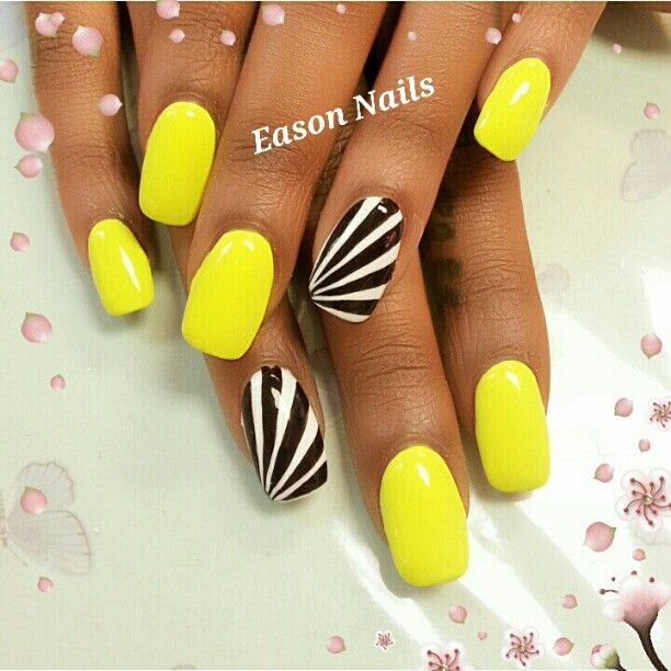 Black And White Accent Nails With Neon Yellow Nail Art