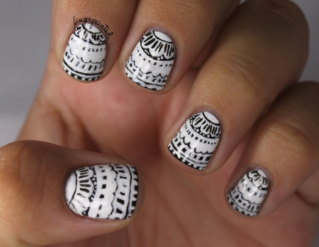 Black And White Acrylic Tribal Inspired Lace Design Nail Art