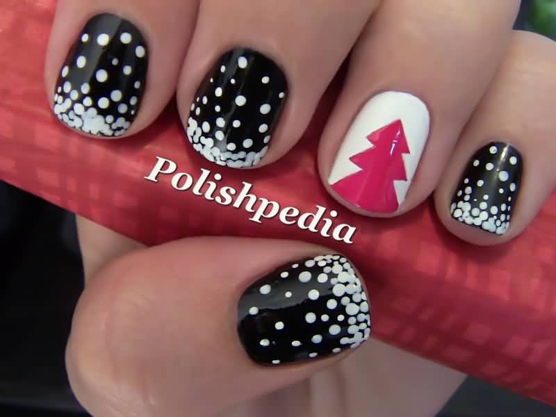 Black And White Dots With Accent Pink Acrylic Christmas Tree Design Nail Art