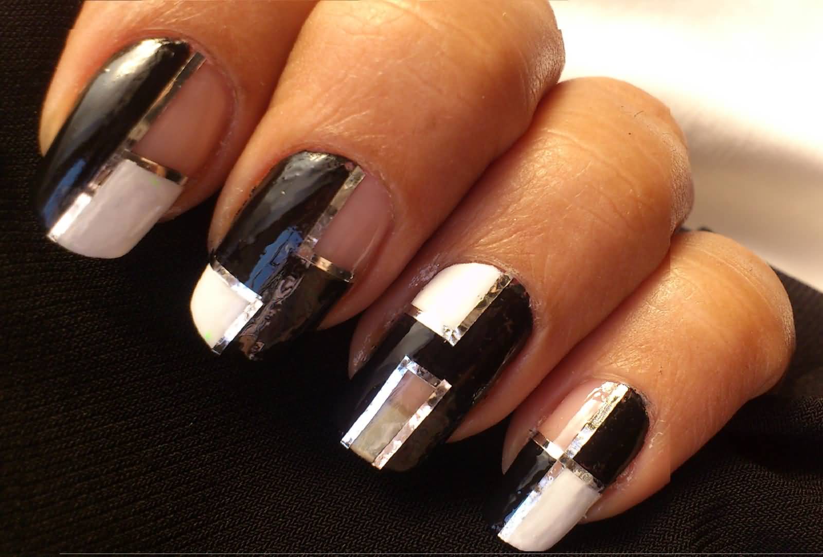 Black And White Nails With Metallic Striping Tape Nail Art