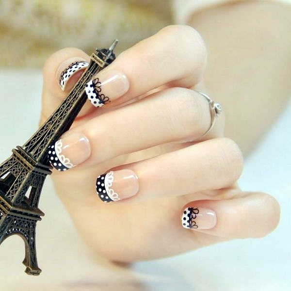 Black And White Tip And Lace Design Short Nail Art
