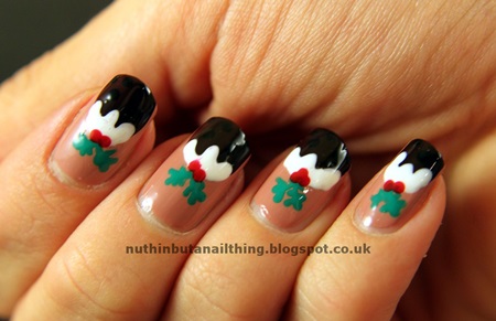 Black And White With Cherry And Leaves Christmas Nail Art