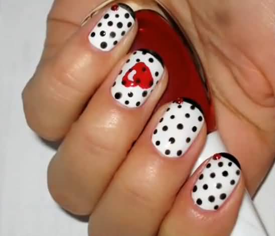 Black Dots And Red Heart Nail Art Design Idea