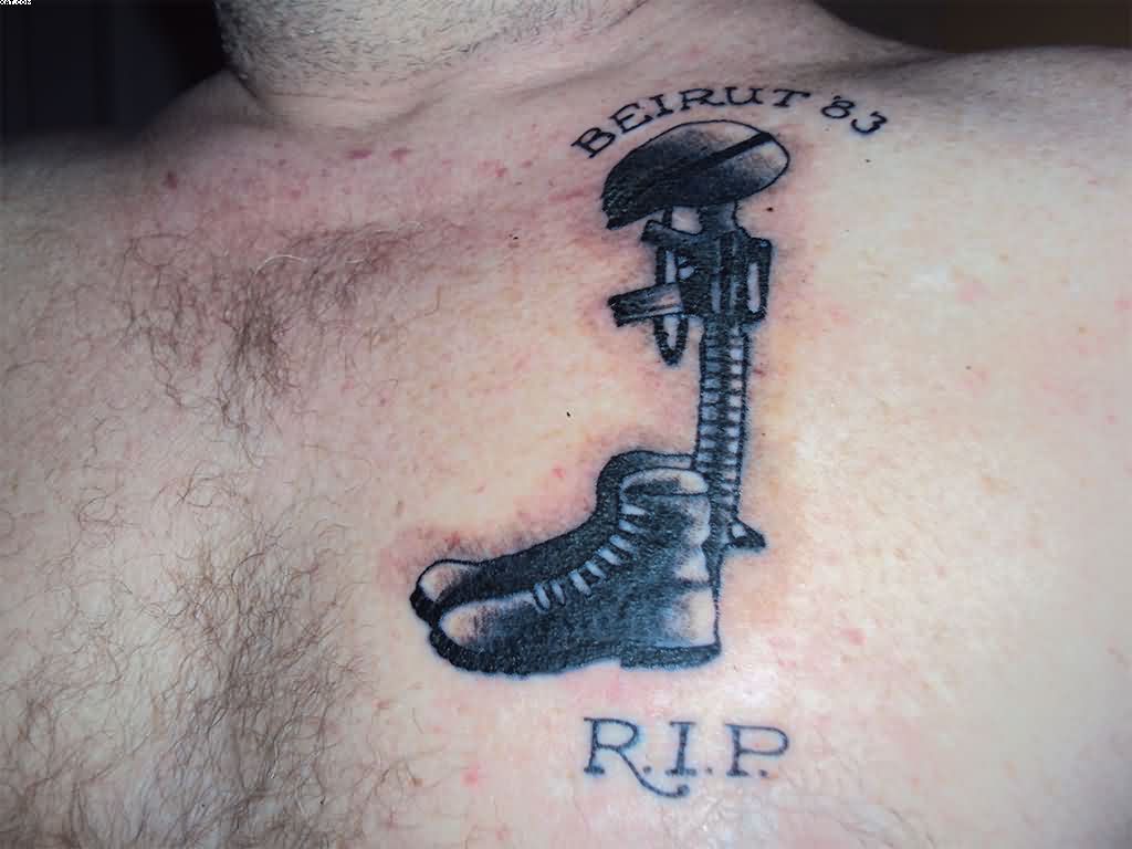 Black Fallen Soldier Remembrance Tattoo On Chest
