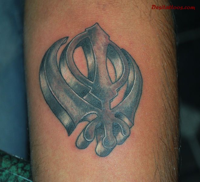 Black Ink Punjabi Khanda Tattoo On Arm