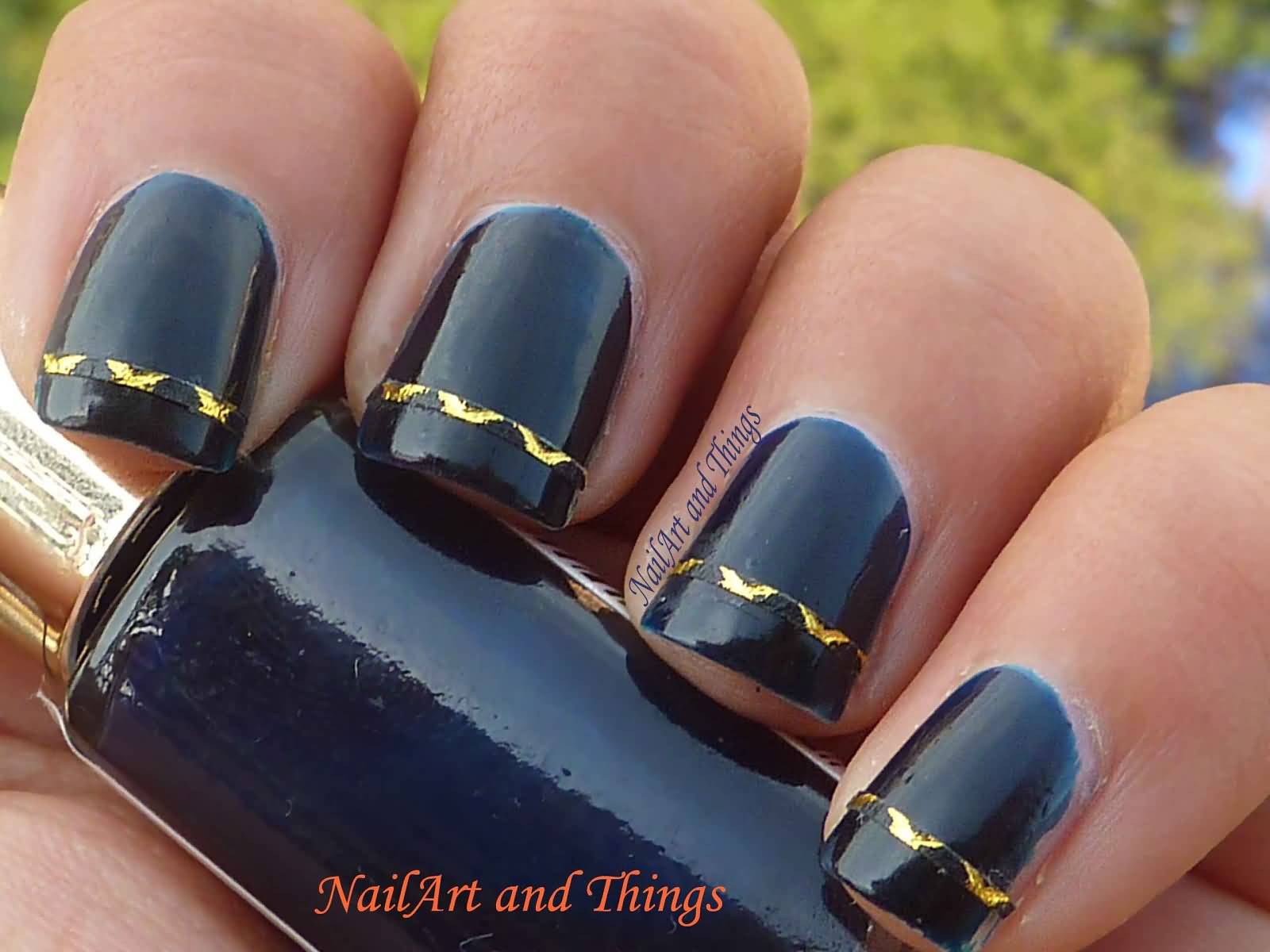 Black Nails With Gold Striping Tape Nail Art