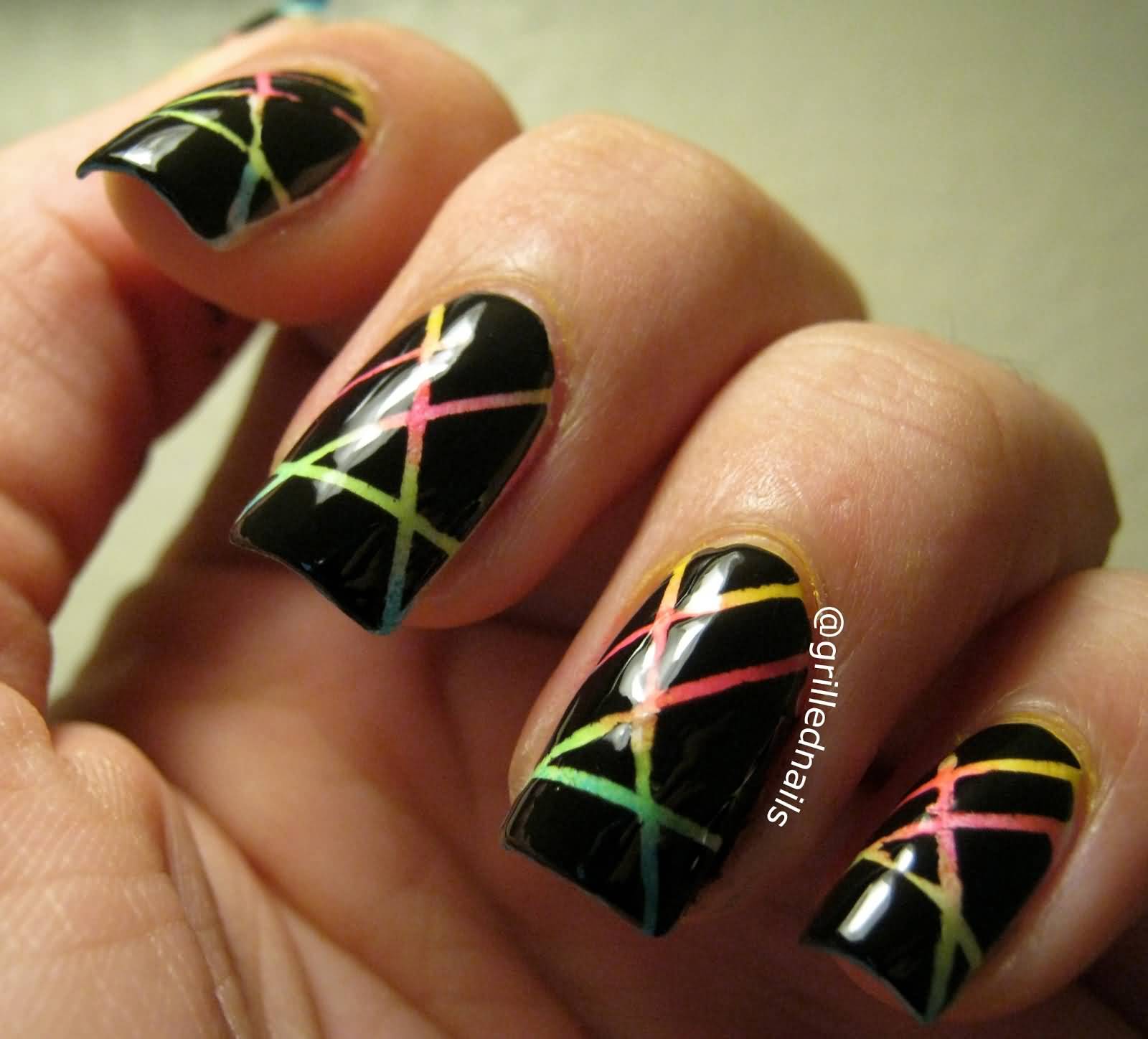 Black Nails With Rainbow Striping Tape Nail Art