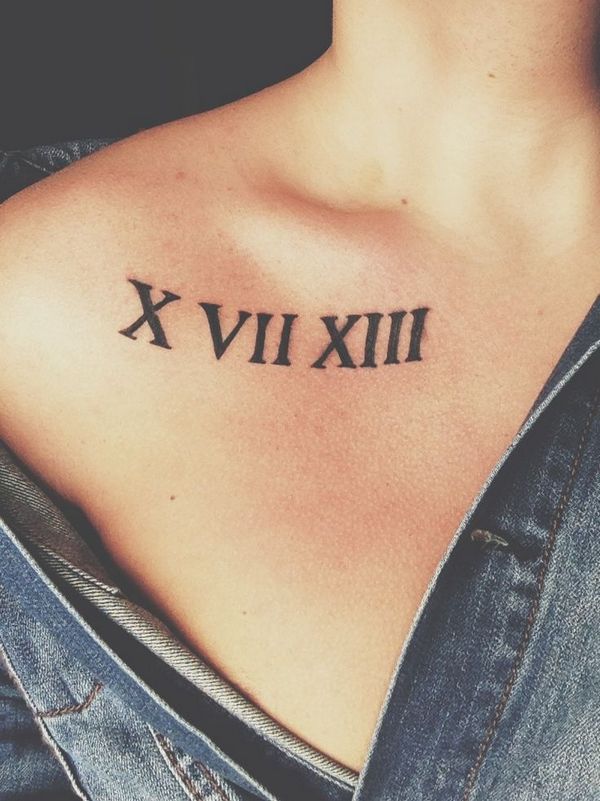Black Roman Numbers Tattoo On Collarbone For Girls
