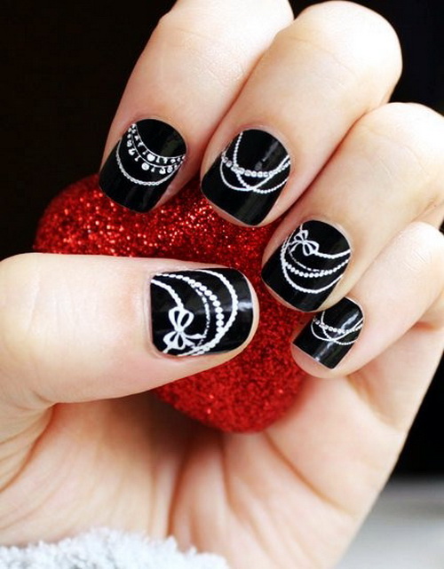 Black Short Nails With White Lace Design Bow Nail Art