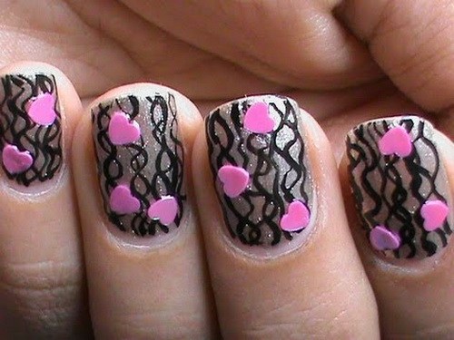 Black Stripes And Pink 3D Hearts Design For Short Nails
